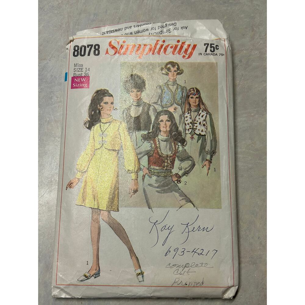 Vintage 60's Simplicity Pattern‎ #8078 Misses A-Line Dress with Bolero Size 14